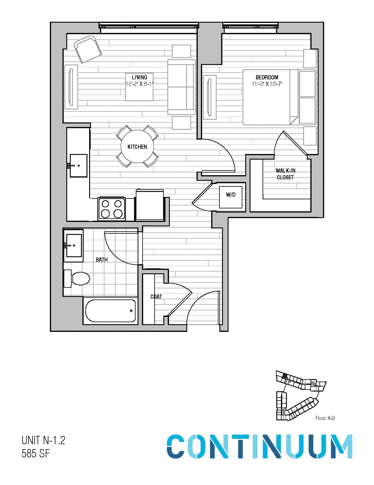 Floor plan for 1 bed, 1 bath, 585 sqft